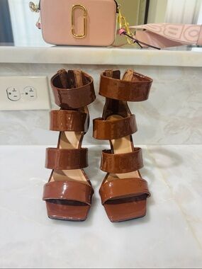 INC International Concepts Glossy Brown Multi-Strap Block Heel Sandals
